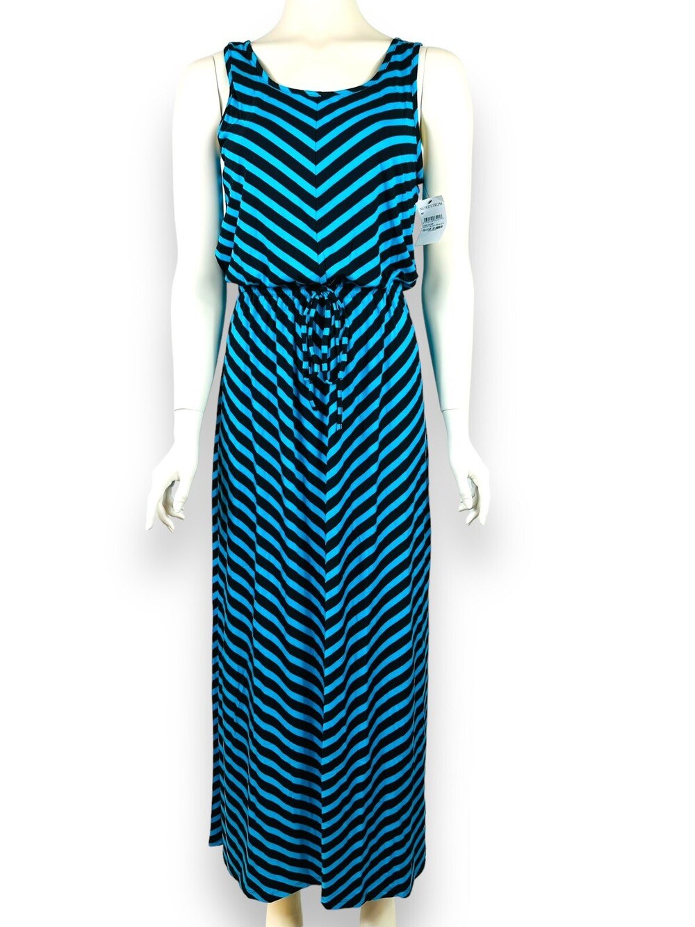 Caslon Maxi Dress Women's Small Petite Blue Black Chevron Stripe Drawstring